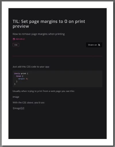 Print preview with default page margins